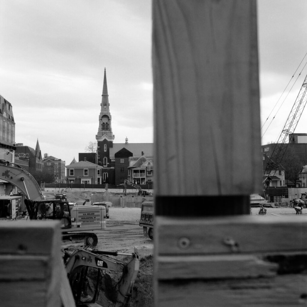 A black and white photo of a construction site