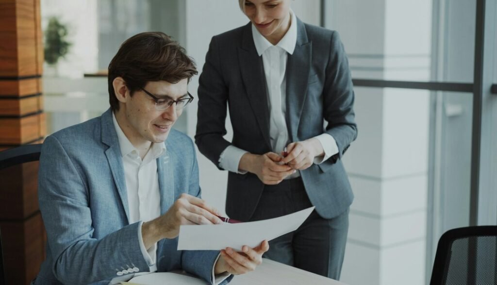 Two business people reviewing documents together