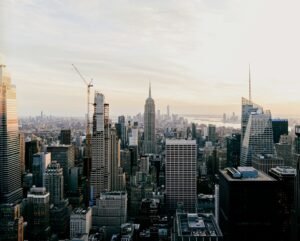 New york city skyline at sunset with empire state building