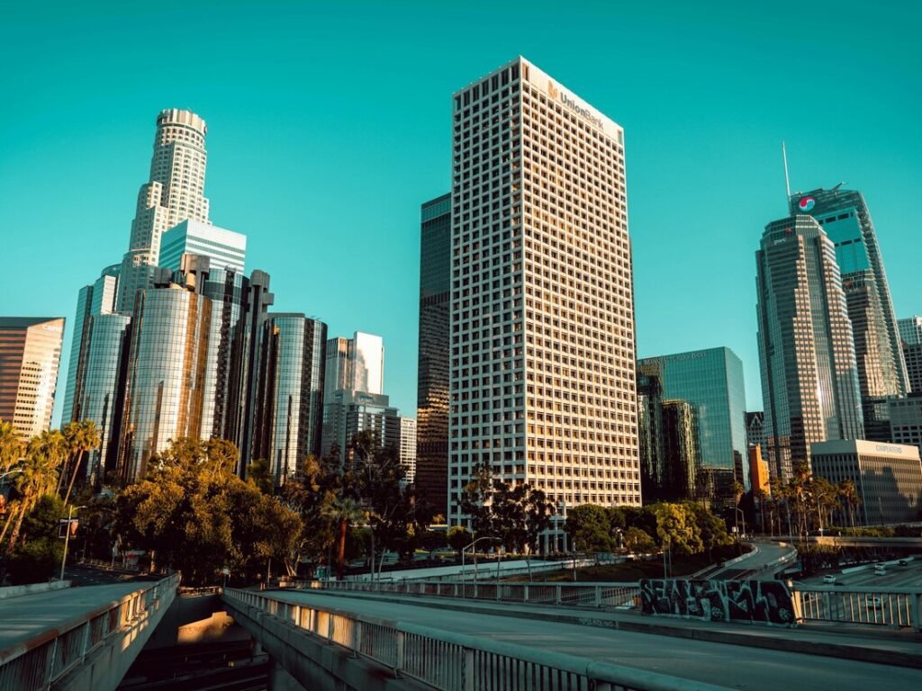 A view of a city with tall buildings in the background