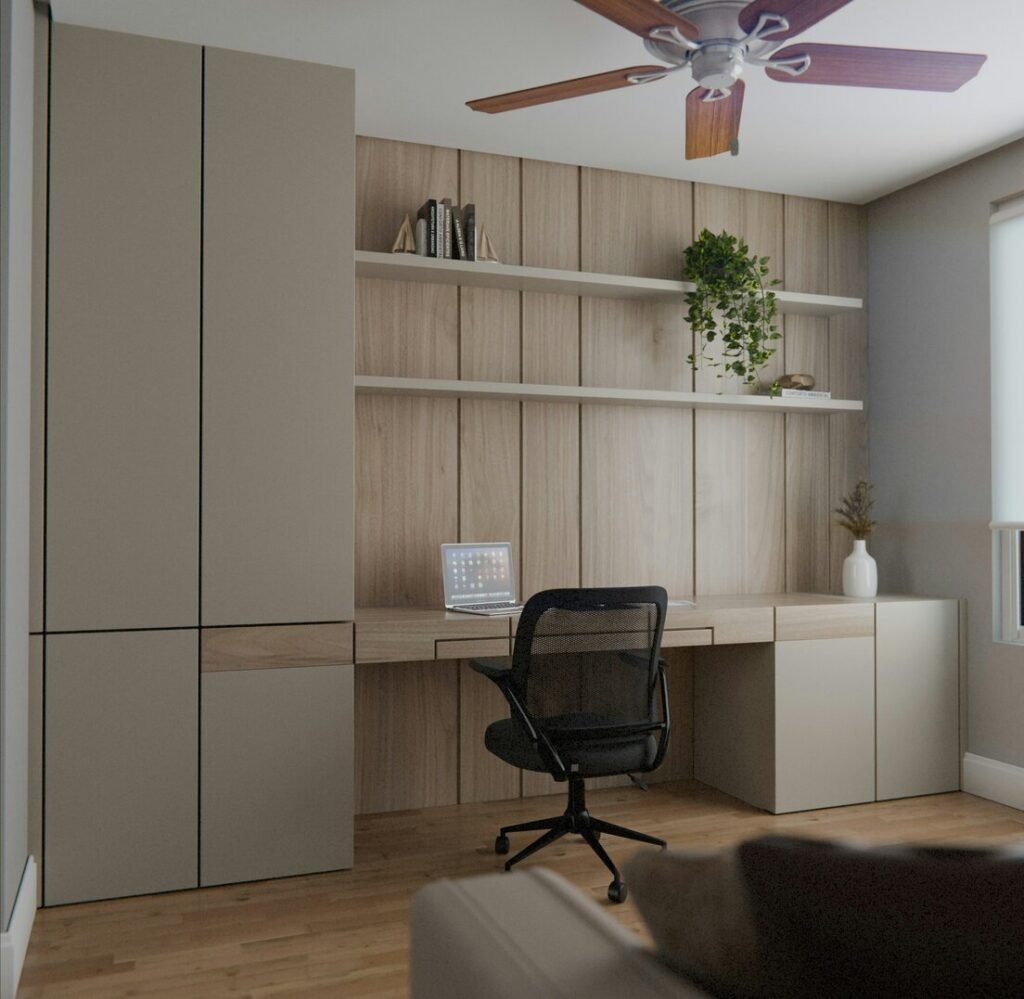 Modern home office with built-in desk and storage