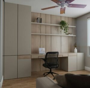 Modern home office with built-in desk and storage