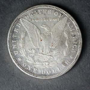 A silver United States one dollar coin with an eagle on a dark surface