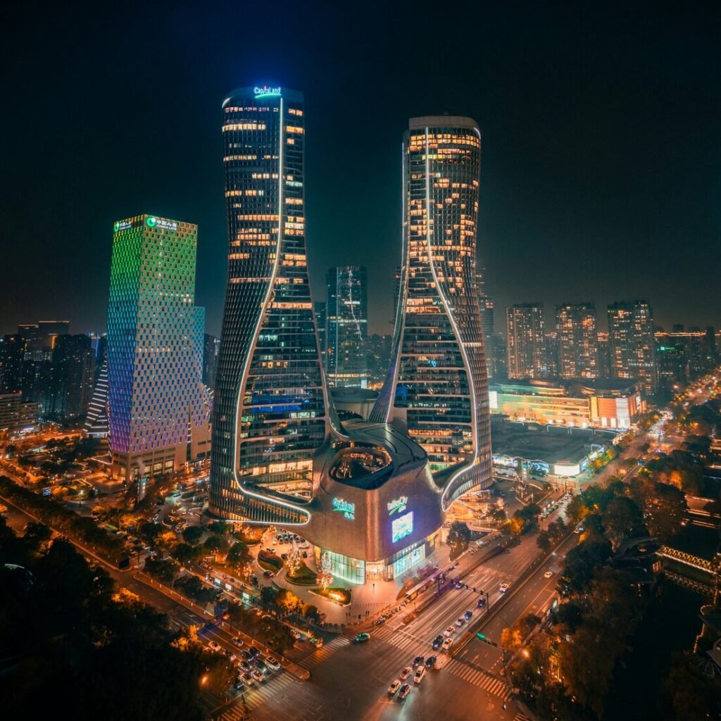 Illuminated skyscrapers light up the city at night