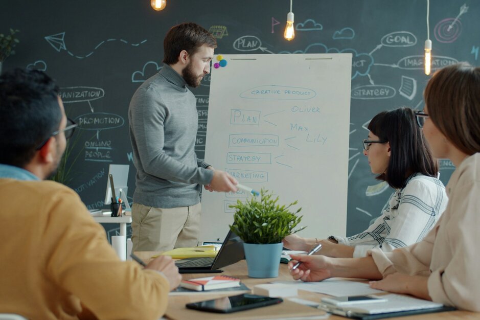 Team collaborating around a whiteboard in a modern office