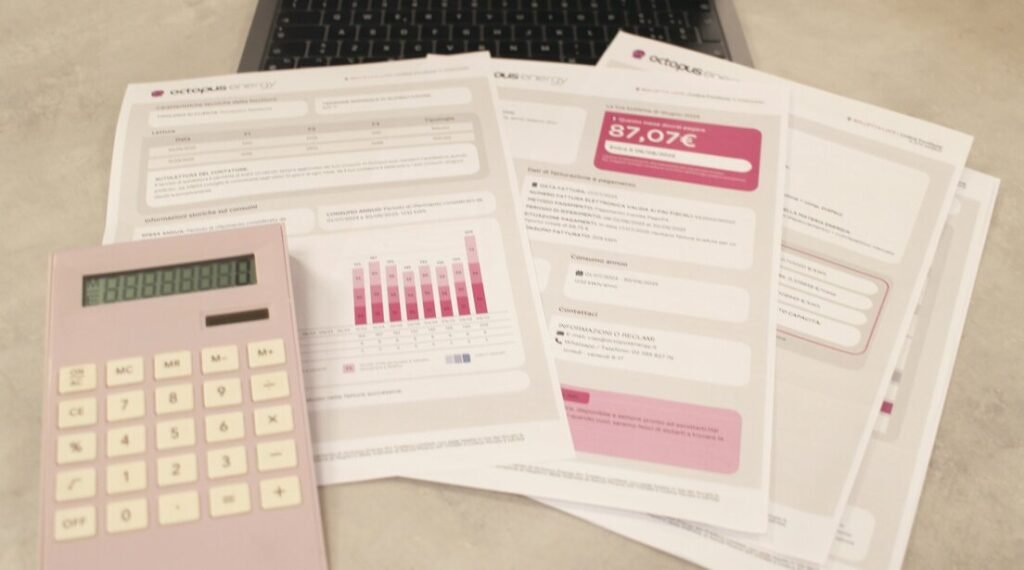 Bills, calculator, and a laptop: financial tasks underway