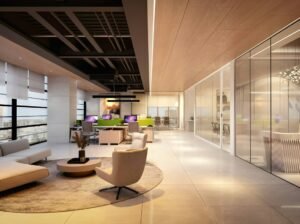Modern office lounge area with contemporary furniture