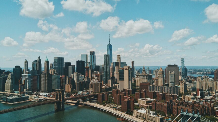 The Manhattan skyline and Brooklyn Bridge over the East River in New York