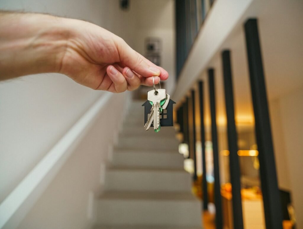 A hand holding keys with a house-shaped keychain in front of a staircase