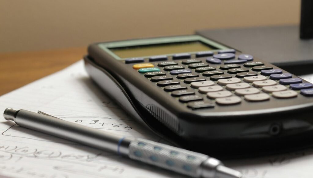 Calculator and pen on papers on a desk