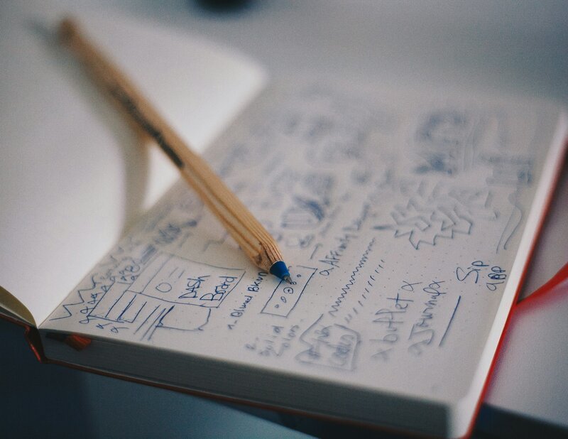 Open notebook with hand-drawn strategy sketches and a pencil