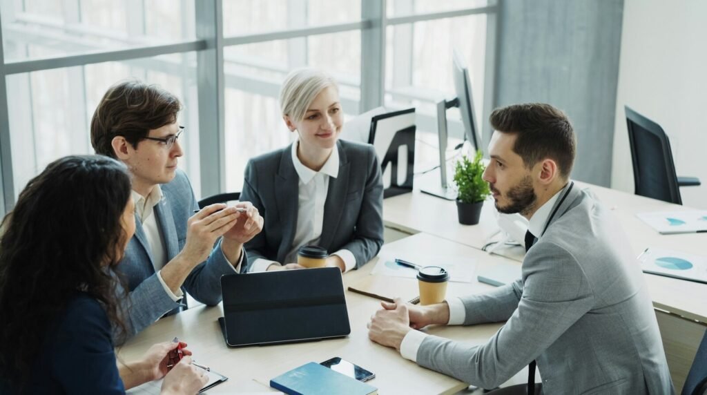 Diverse business team collaborating in a modern office