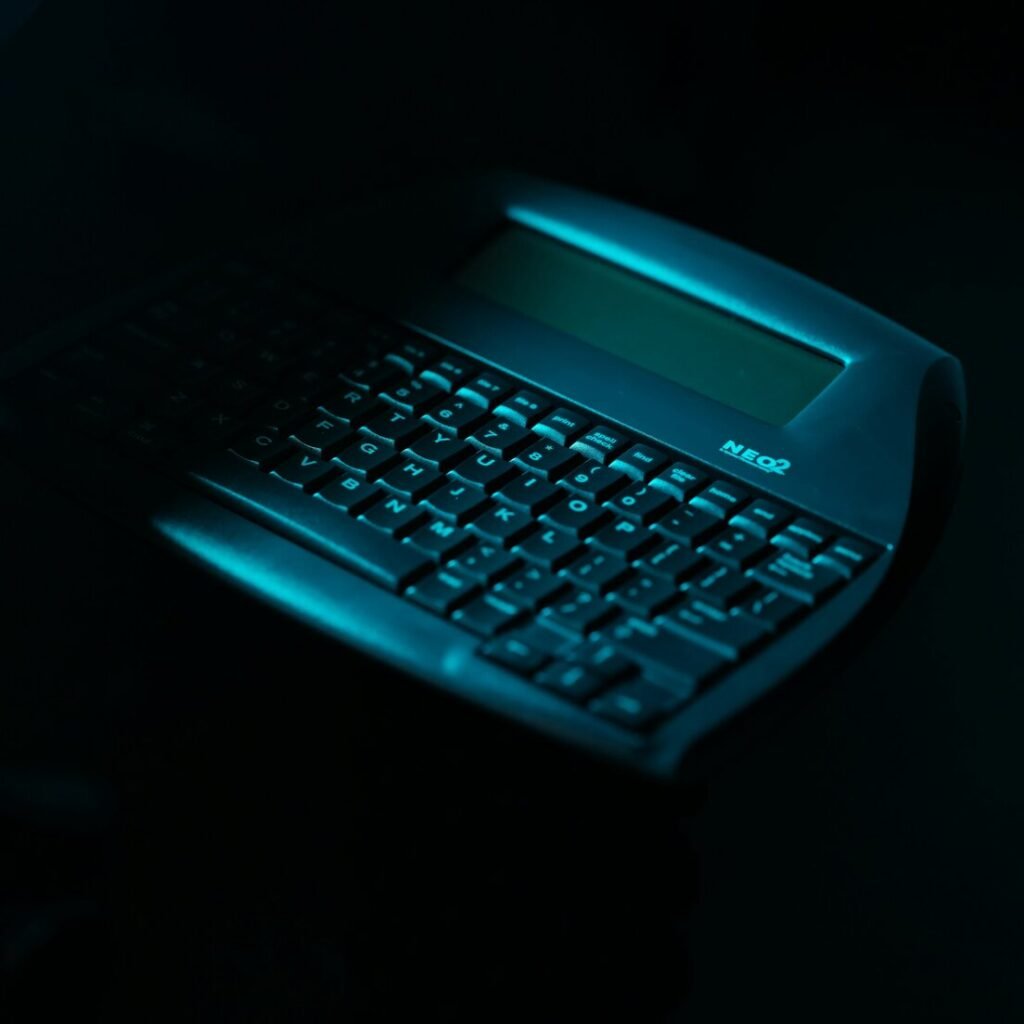 Black and blue laptop computer