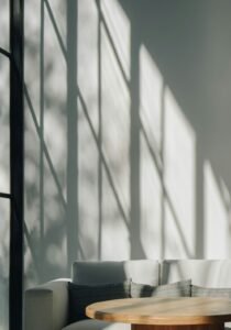 Sunlit interior with sofa and table