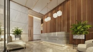 Modern lobby with marble reception desk and plants