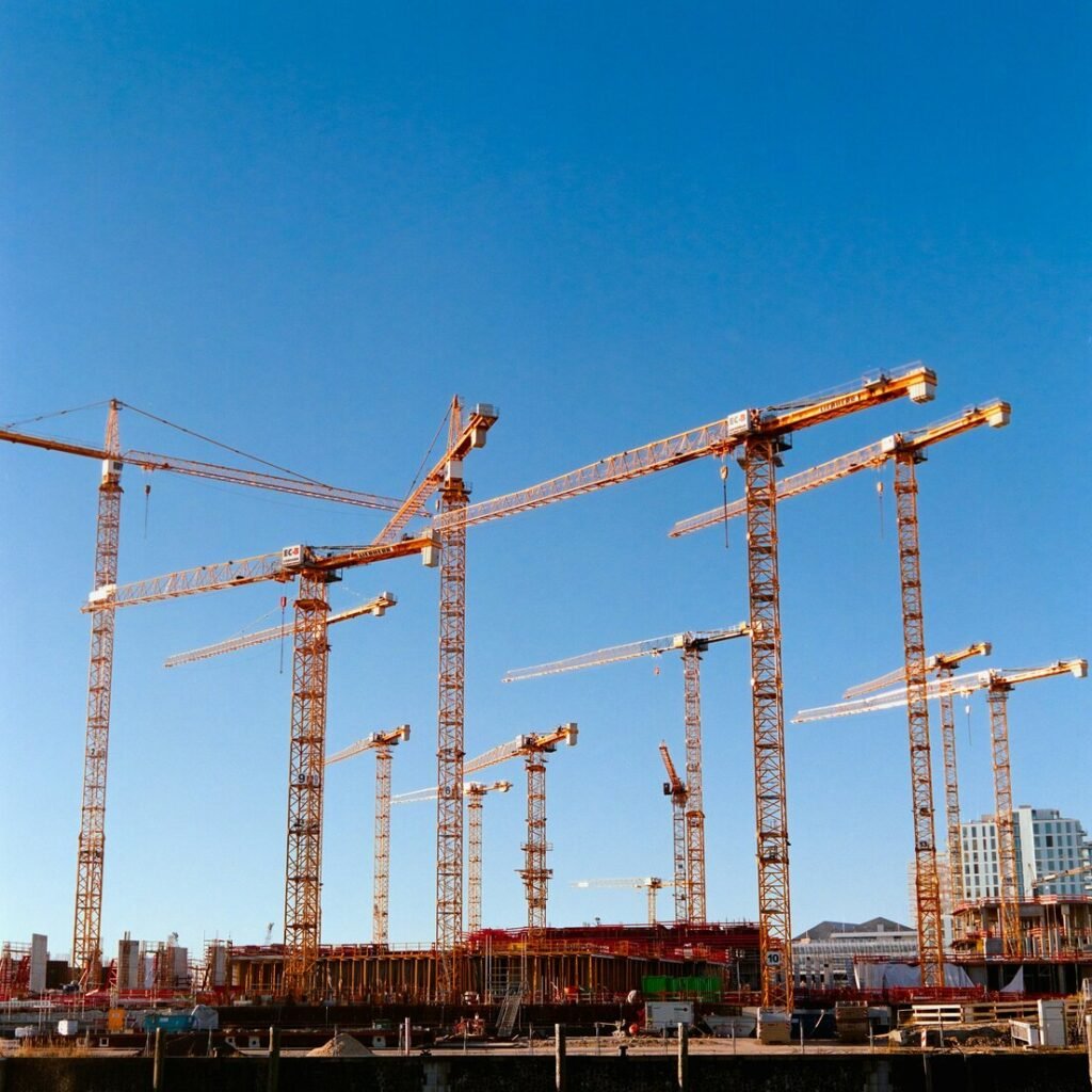 A bunch of cranes that are standing in the air