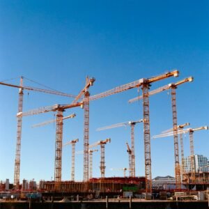 A bunch of cranes that are standing in the air