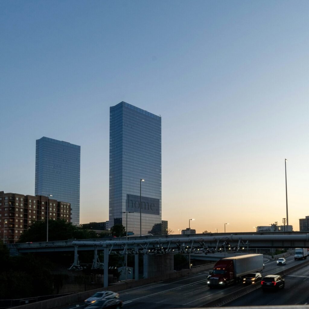 Modern skyscrapers and highway traffic at dusk