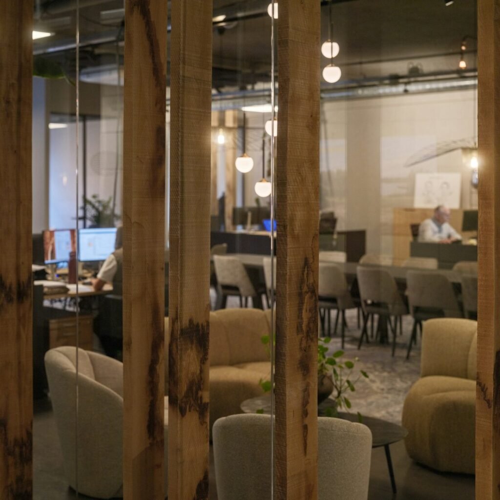 Modern office space with seating areas and workstations